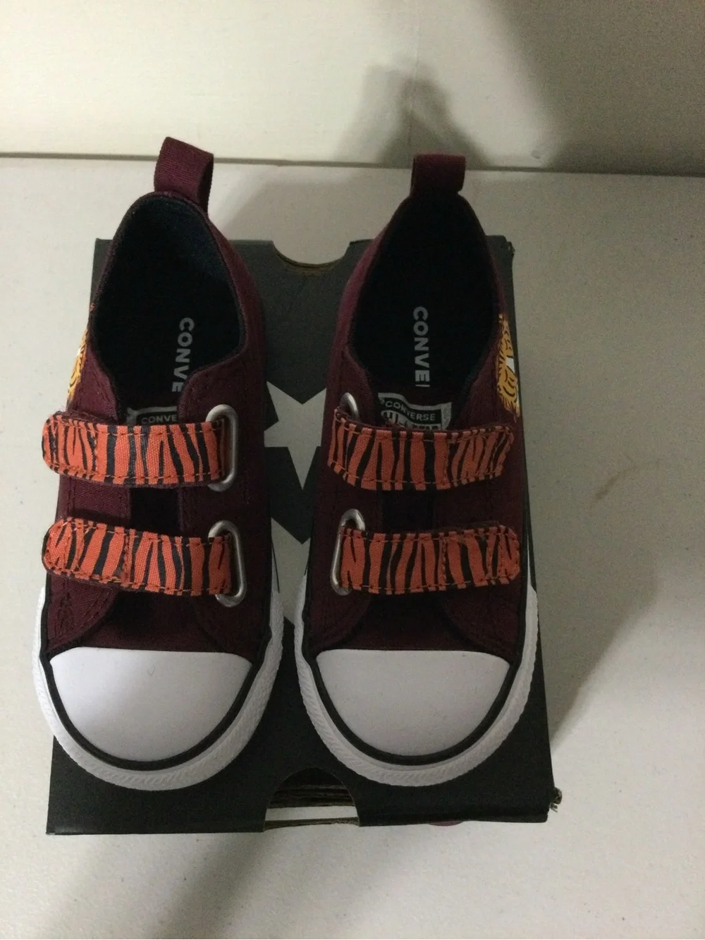 Converse Kids Maroon Sneakers with Orange Tiger-Print Straps